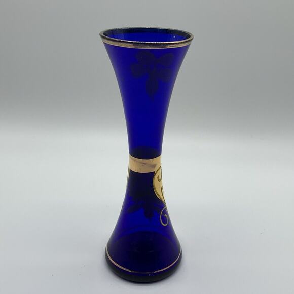 Vintage Bohemian Czech Cobalt Hand Painted Enamel Flowers Bud Vase - Picture 7 of 9